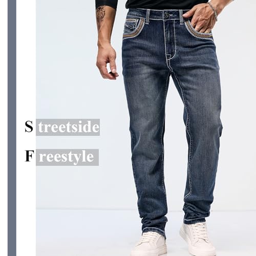 Men's Jeans - Embroidery Washed Crackle Design Jeans Relaxed Fit Stretch Casual Jeans Comfortable Classic Fit Jeans