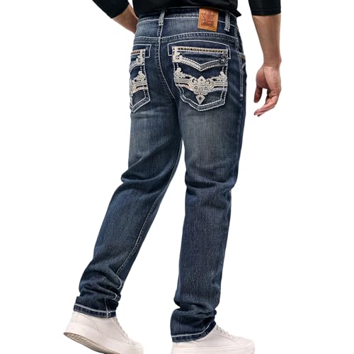 Men's Jeans - Embroidery Washed Crackle Design Jeans Relaxed Fit Stretch Casual Jeans Comfortable Classic Fit Jeans