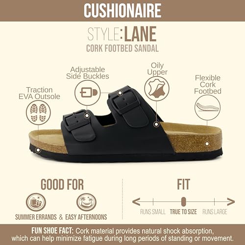 CUSHIONAIRE Lane Cork Footbed Sandals for Women – Comfortable Double Buckle Slip-On with Genuine Suede Footbed & Arch Support Slides for Women Footwear