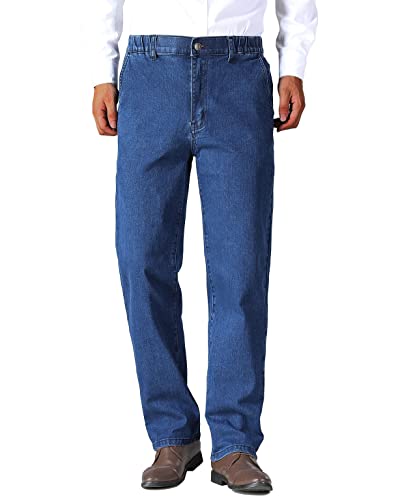 Soojun Mens Elastic Waist Jeans Relaxed Fit with Zipper and Button