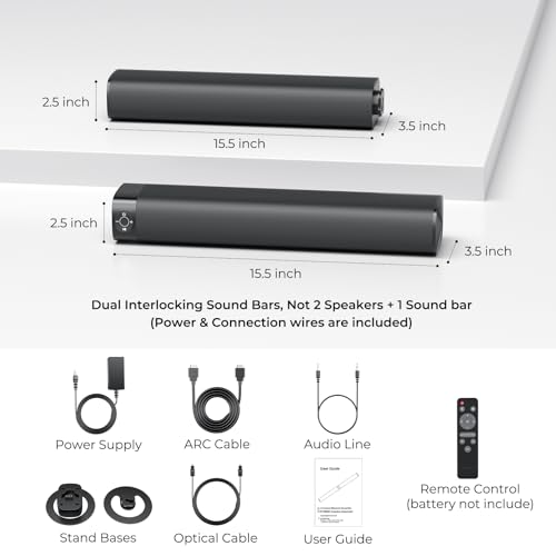 Assistrust Sound Bar for Smart TV, Soundbar with Bluetooth/ARC/Opt/AUX Connect, Auto Volume Boost, 3 Equalizer Modes, 2 in 1 Detachable Soundbar for TV/PC/Gaming/Projectors