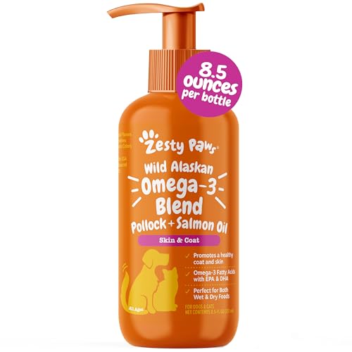 Zesty Paws Wild Alaskan Omega-3 Blend Pollock + Salmon Oil for Dogs and Cats- Skin and Coat Support, Omega 3 Supplement for Pets