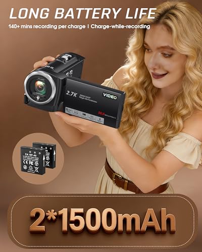 Fxmug Video Camera Camcorder, QHD 2.7K 56MP 16X Digital Vlogging Camera with LED Fill Light for YouTube, 2.8'' 270° Rotation Screen Camcorder Camera with 32GB Card and Two Batteries