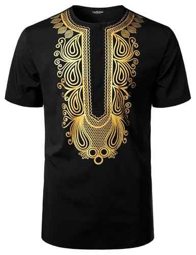 LucMatton Men's African Short Sleeve Hidden Button Shirt Metallic Foil Stamping Dashiki T Shirt