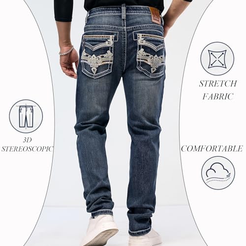 Men's Jeans - Embroidery Washed Crackle Design Jeans Relaxed Fit Stretch Casual Jeans Comfortable Classic Fit Jeans