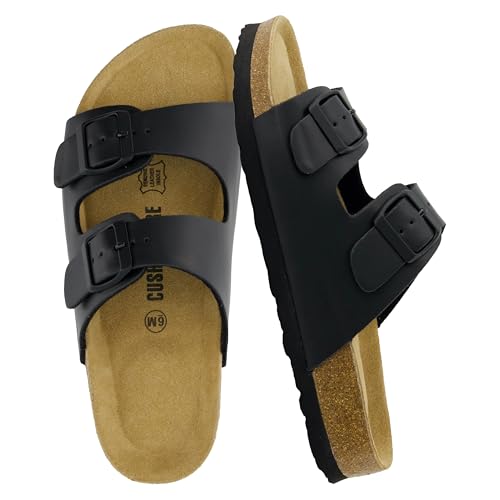 CUSHIONAIRE Lane Cork Footbed Sandals for Women – Comfortable Double Buckle Slip-On with Genuine Suede Footbed & Arch Support Slides for Women Footwear