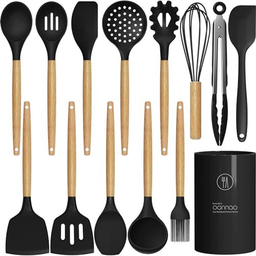 14 Pcs Silicone Cooking Utensils Kitchen Utensil Set - 446°F Heat Resistant,Turner Tongs, Spatula, Spoon, Brush, Whisk, Wooden Handle Gray Kitchen Gadgets with Holder for Nonstick Cookware (BPA Free)