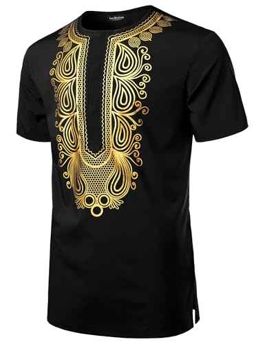 LucMatton Men's African Short Sleeve Hidden Button Shirt Metallic Foil Stamping Dashiki T Shirt