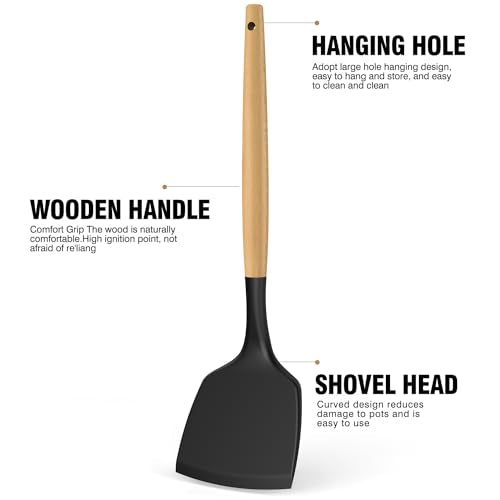 14 Pcs Silicone Cooking Utensils Kitchen Utensil Set - 446°F Heat Resistant,Turner Tongs, Spatula, Spoon, Brush, Whisk, Wooden Handle Gray Kitchen Gadgets with Holder for Nonstick Cookware (BPA Free)