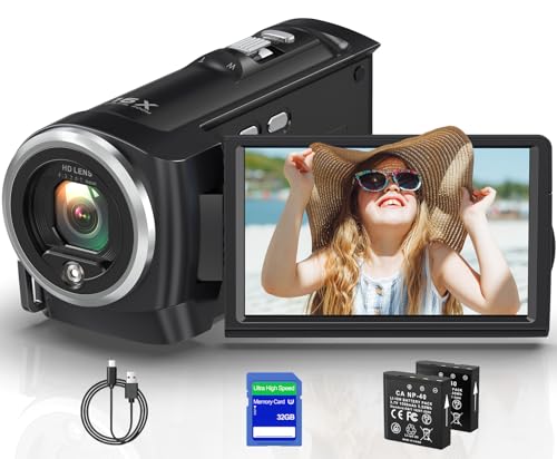Gcasio 2.7K Video Camera Camcorder QHD 56MP YouTube Vlogging Camera Webcam 16X Digital Zoom with 32G SD Card 270 Degree Rotation Screen Camcorders and 2 Batteries Recording While Charging