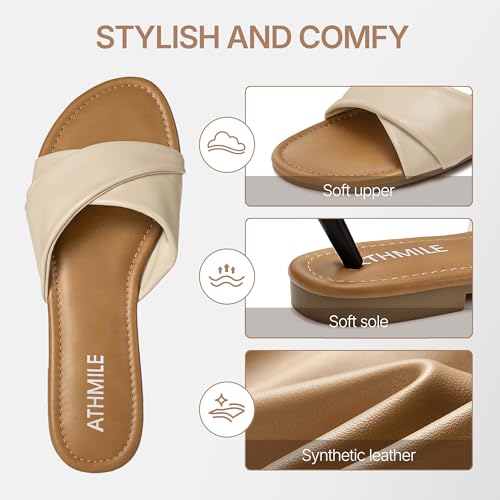 ATHMILE Sandals for Women 2026 Dressy Summer Flat Comfortable Fashion Beach Cute Ladies Slides Leather Casual Dress Women's Sandals Size 6-11