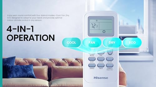Hisense 8,000 BTU Smart Inverter Window Air Conditioner Easy Install Bracket, Up to 350 Sq Ft, Ultra-Slim Profile, 3 Speed, 700W, 4‑Way Air Direction HLAW0825TW (Renewed)