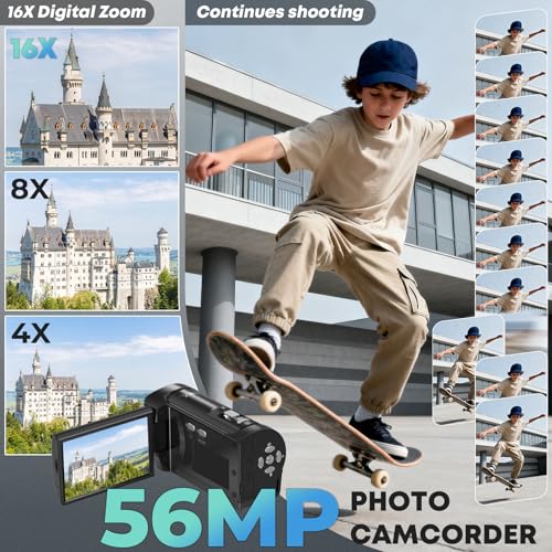 Gcasio 2.7K Video Camera Camcorder QHD 56MP YouTube Vlogging Camera Webcam 16X Digital Zoom with 32G SD Card 270 Degree Rotation Screen Camcorders and 2 Batteries Recording While Charging