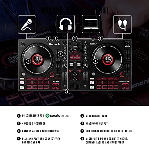 Numark Mixtrack Platinum FX Serato DJ Controller with Jog Wheel Displays, 4 Decks, Mixer, Effects Paddles and Audio Interface