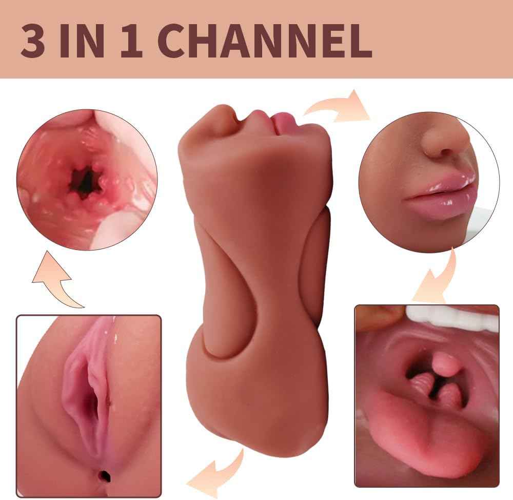 Male Oral Sex masturbator, 3 in 1 Mouth Realistic Texture Mouth and Tight Anus, Vagina and Anus Male Touch irritating Adult Sex Toy-Brown