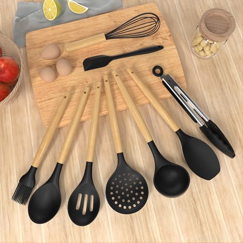 14 Pcs Silicone Cooking Utensils Kitchen Utensil Set - 446°F Heat Resistant,Turner Tongs, Spatula, Spoon, Brush, Whisk, Wooden Handle Gray Kitchen Gadgets with Holder for Nonstick Cookware (BPA Free)