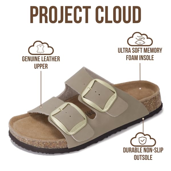 Project Cloud 100% Genuine Leather Flat Sandals for Women 2026 Comfortable Beach Essentials Womens Sandals Memory Foam Vacation Essentials Slides for Women Footwear (Santorini)