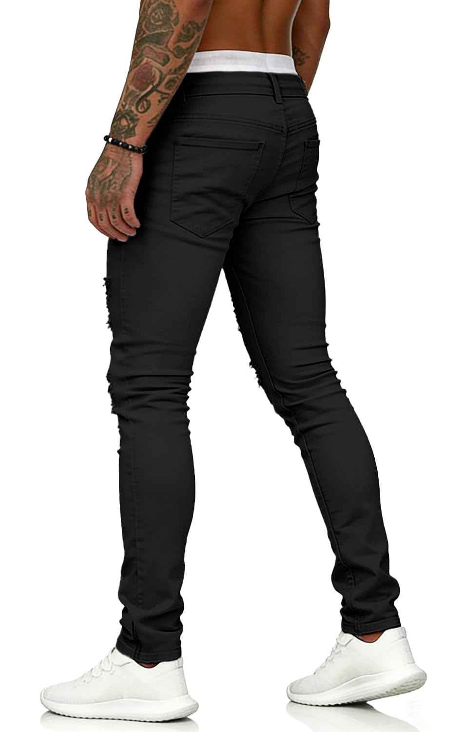 HUNGSON Men's Blue Slim Fit Jeans Stretch Destroyed Ripped Skinny Jeans Side Striped Denim Pants