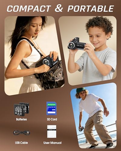 Fxmug Video Camera Camcorder, QHD 2.7K 56MP 16X Digital Vlogging Camera with LED Fill Light for YouTube, 2.8'' 270° Rotation Screen Camcorder Camera with 32GB Card and Two Batteries