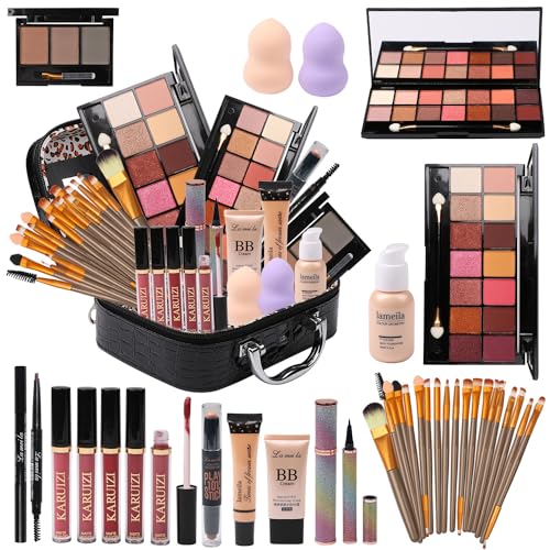 All in One Makeup Kit Full Kit Multipurpose Essential with Eyeshadow Palette,Lip Gloss,Foundation,Mascara,Eyebrow Pencil,Eyeliner,Contour Stick,Powder Puff,Makeup Brushes,Cosmetic Bag,Makeup Set for Women
