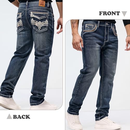 Men's Jeans - Embroidery Washed Crackle Design Jeans Relaxed Fit Stretch Casual Jeans Comfortable Classic Fit Jeans