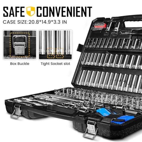 BOEN 225PCS Mechanic Tool Set, 1/4" & 3/8" & 1/2" Drive Socket Wrench Set, Metric and Standard Full Socket Set, with 90-Tooth Ratchet, Auto and Bike Repair with Heavy Duty Case