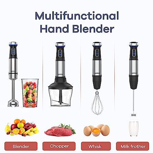 Ganiza Immersion Blender 5 in 1 Hand Blender Max 1000W Heavy Duty Motor, 16 Speed Mode Handheld Blender Stainless Steel Blade With 800ml Mixing Beaker, 600ml Chopper, Whisk and Milk Frother
