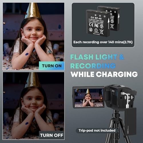 Gcasio 2.7K Video Camera Camcorder QHD 56MP YouTube Vlogging Camera Webcam 16X Digital Zoom with 32G SD Card 270 Degree Rotation Screen Camcorders and 2 Batteries Recording While Charging