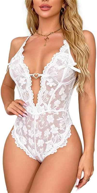 DITSONEO Sexy Lace Bodysuit for Women, Deep V Neck Lingerie