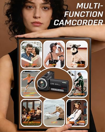 Fxmug Video Camera Camcorder, QHD 2.7K 56MP 16X Digital Vlogging Camera with LED Fill Light for YouTube, 2.8'' 270° Rotation Screen Camcorder Camera with 32GB Card and Two Batteries