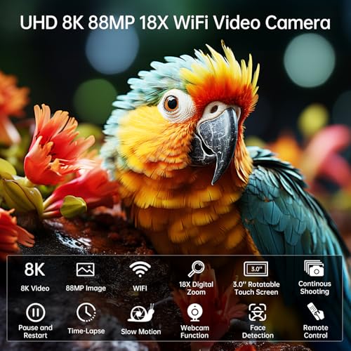 8K Video Camera 88MP UHD WiFi Vlogging Cameras for YouTube 18X Digital Zoom IR Night Vision 3.0'' Touch Screen Camcorder with 32GB Card, Microphone, Lens Hood, Stabilizer, Remote, Two Batteries