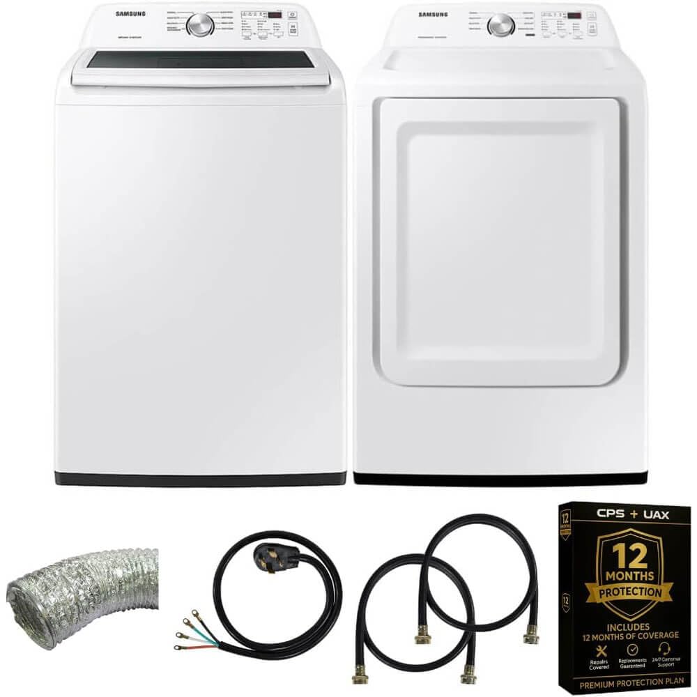 Samsung Smart 4.7 Cu Ft Top Load Washer & 7.4 Cu Ft Electric Dryer, Sensor Stops Overdrying, Low Vibration Quiet Wash, WaterJet w/Power Cords, Hoses, Vent Duct, 1 Year CPS Protection Bundle