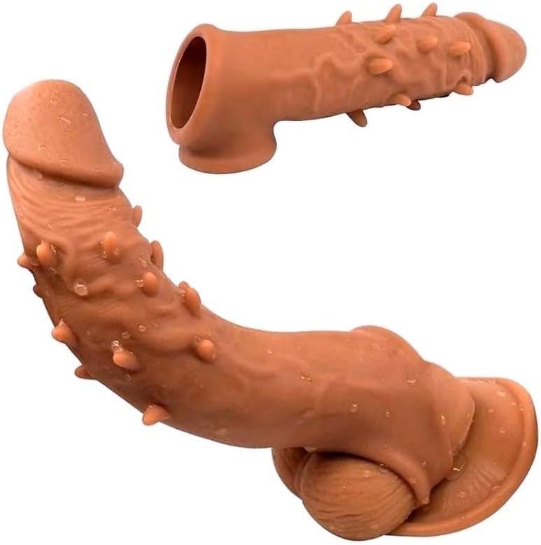 Reusable Penis Enlargement Sleeve Realistic Silicone Cock Sleeve Penis Enlarger with Testicle Penis Ring Sex Toys Delay Ejaculation Enhance Erection Prolong Cock Extender for Adults Men Male Couples