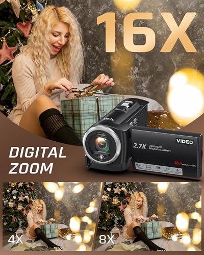 Fxmug Video Camera Camcorder, QHD 2.7K 56MP 16X Digital Vlogging Camera with LED Fill Light for YouTube, 2.8'' 270° Rotation Screen Camcorder Camera with 32GB Card and Two Batteries