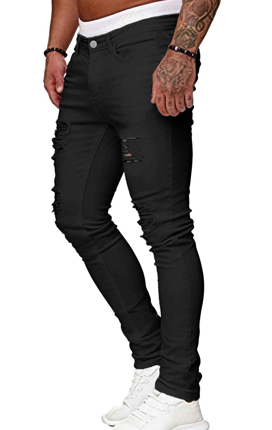 HUNGSON Men's Blue Slim Fit Jeans Stretch Destroyed Ripped Skinny Jeans Side Striped Denim Pants