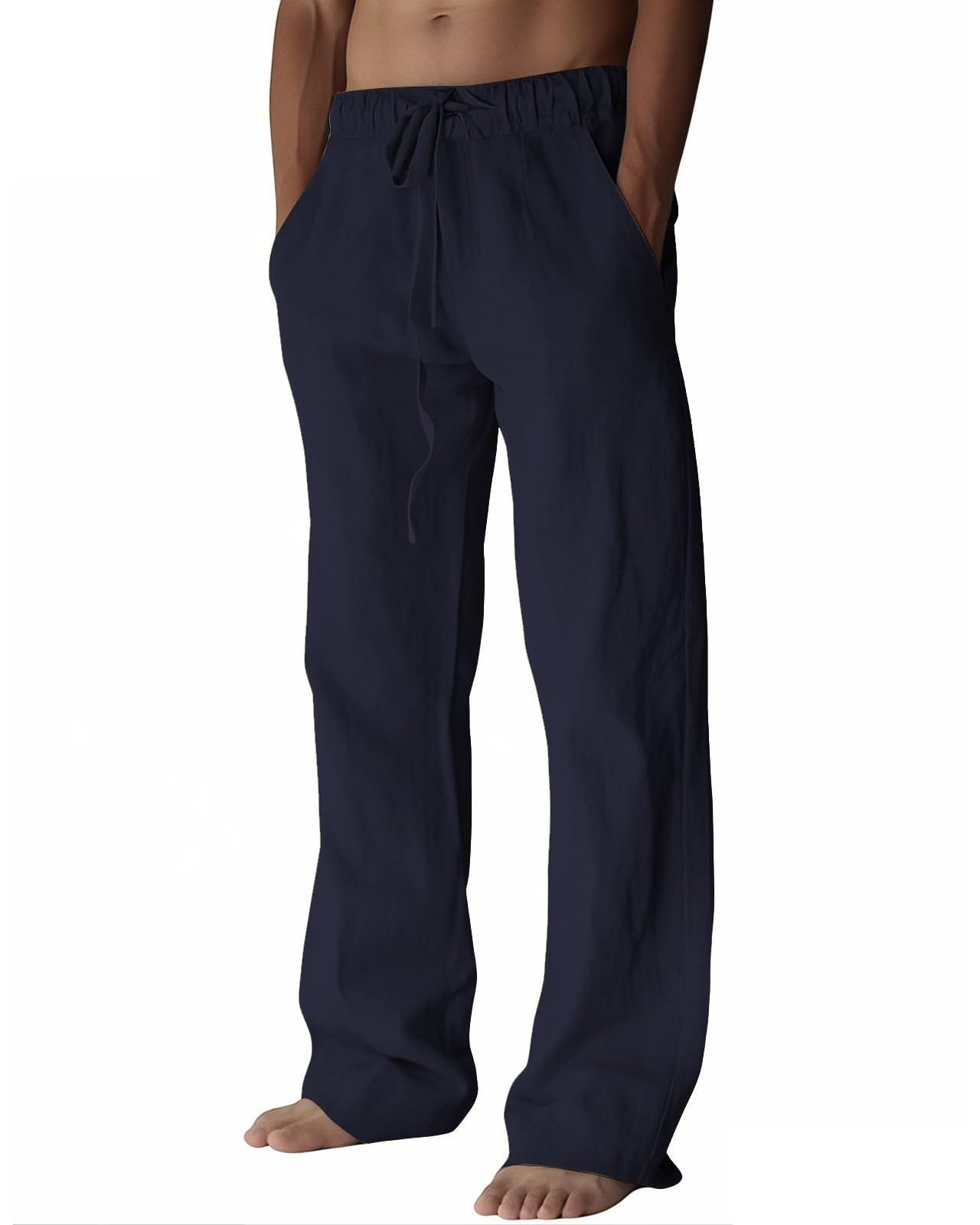 PIDOGYM Mens Cotton Linen Pants, Summer Beach Pants Casual Loose Fit with Elastic Waist Drawstring