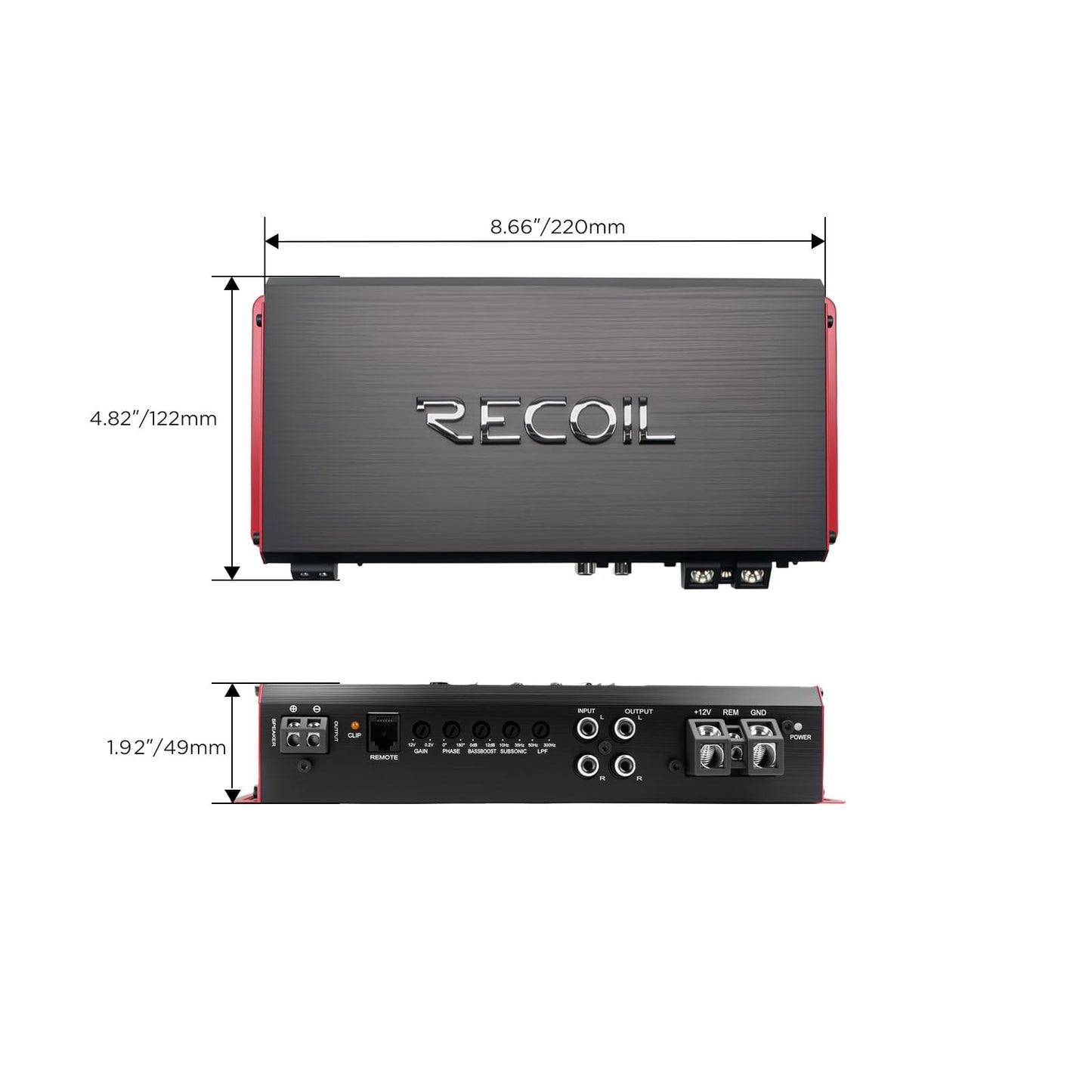RECOIL RS1000.1 Class D Mono Block Amplifier Car Audio 1000W RMS Power, Stable 1/2/4 Ohm - Subwoofer Amp with Side Controls & Enhanced Cooling Bass Amplifier