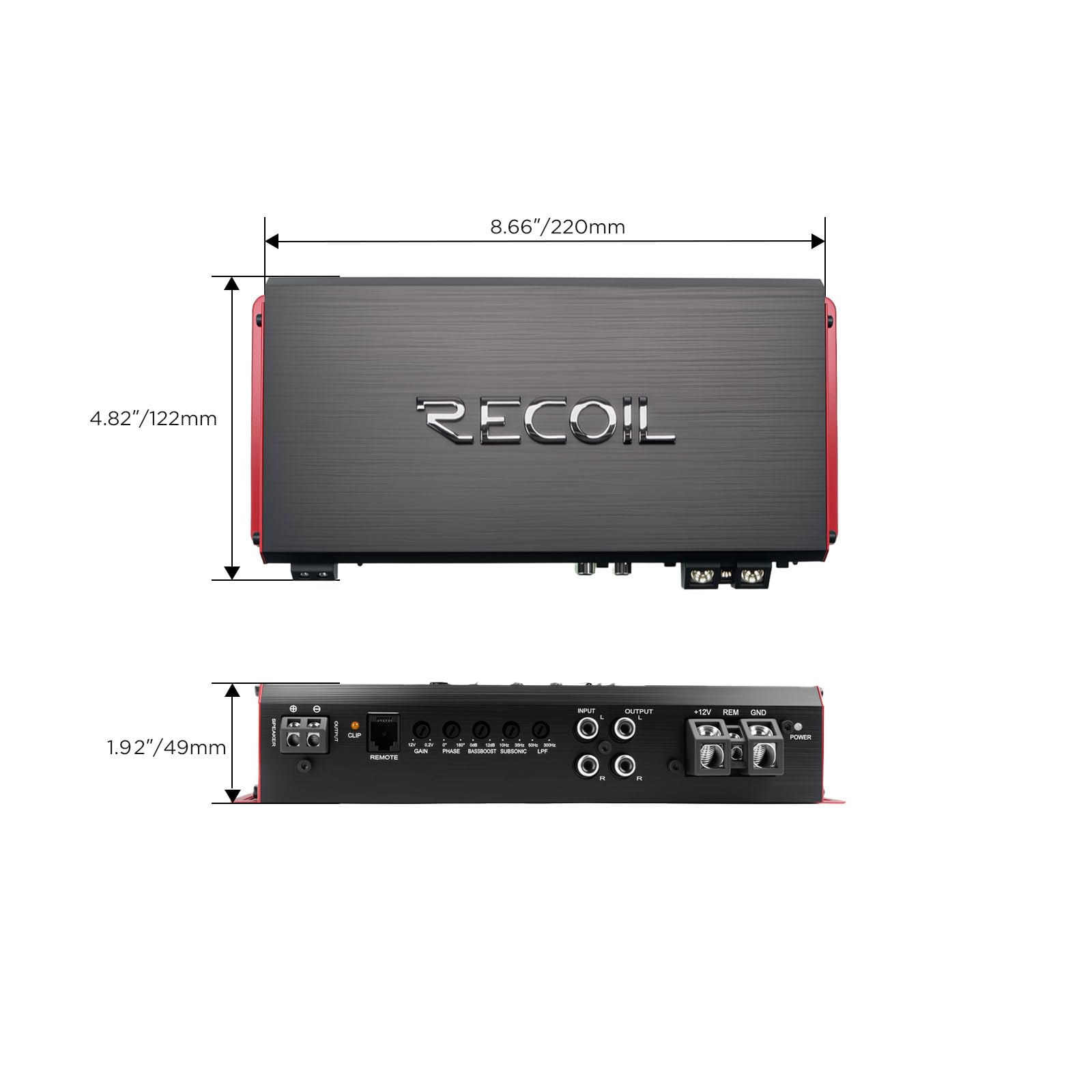 RECOIL RS1000.1 Class D Mono Block Amplifier Car Audio 1000W RMS Power, Stable 1/2/4 Ohm - Subwoofer Amp with Side Controls & Enhanced Cooling Bass Amplifier