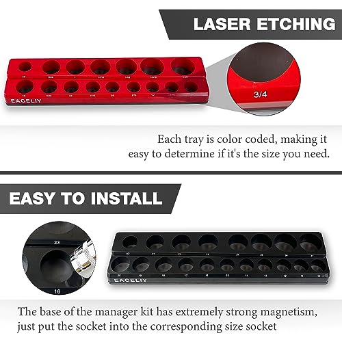 8Pcs Magnetic Socket Organizer Set, 1/2", 1/4" and 3/8" SAE & Metric Deep & Shallow Socket Holder Kit, Socket Trays,holds 199pcs Sockets (sockets not included)