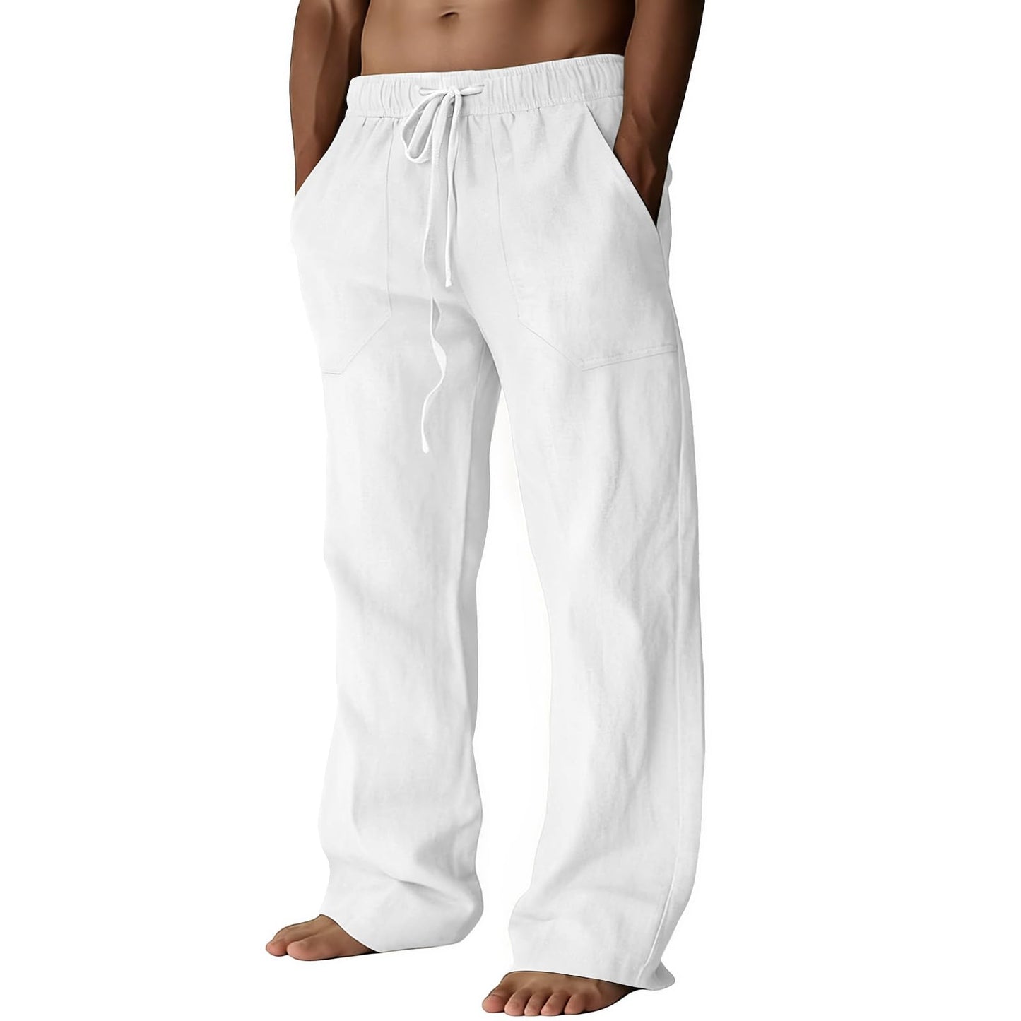 Puimentiua Cotton Linen Pants Men Casual Loose Fit Elastic Drawstring Waist Summer Beach Pants