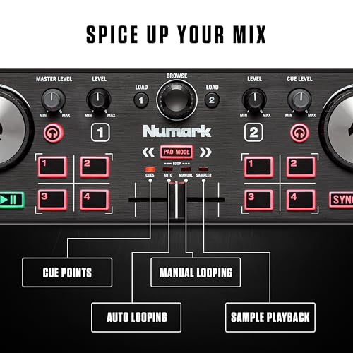 Numark DJ2GO2 Touch Compact DJ Controller with 2 Decks, Mixer,