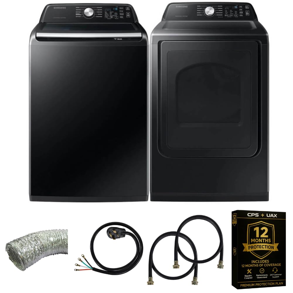 Samsung Smart 4.7 Cu Ft Top Load Washer & 7.4 Cu Ft Electric Dryer, Sensor Stops Overdrying, Low Vibration Quiet Wash, WaterJet w/Power Cords, Hoses, Vent Duct, 1 Year CPS Protection Bundle