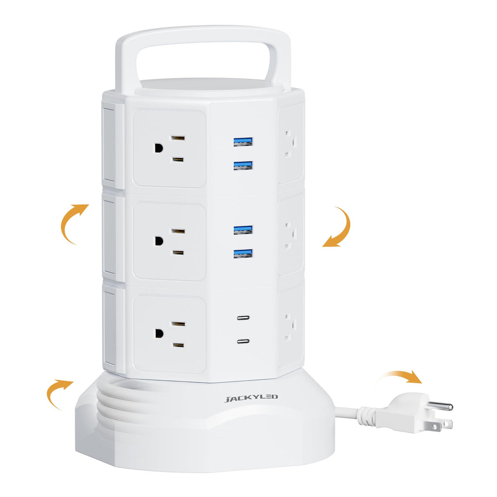 Power Strip Tower Surge Protector, JACKYLED 1625W 13A Outlet Surge Electric Tower, 12 Outlets 6 USB Ports Charging Station with 16AWG 6.5ft Heavy Duty Extension Cord for Home Office Dorm