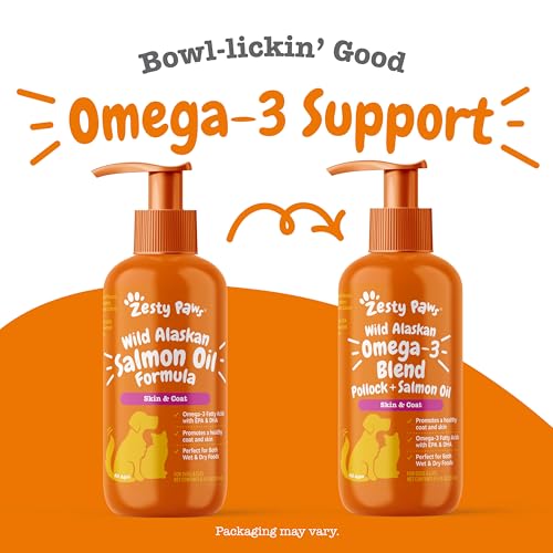 Zesty Paws Wild Alaskan Omega-3 Blend Pollock + Salmon Oil for Dogs and Cats- Skin and Coat Support, Omega 3 Supplement for Pets