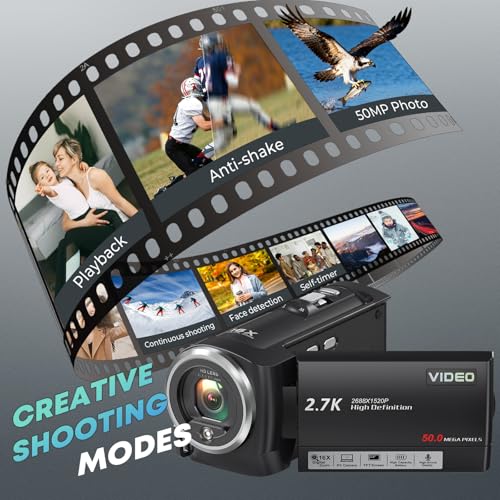 Gcasio 2.7K Video Camera Camcorder QHD 56MP YouTube Vlogging Camera Webcam 16X Digital Zoom with 32G SD Card 270 Degree Rotation Screen Camcorders and 2 Batteries Recording While Charging