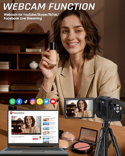 Fxmug Video Camera Camcorder, QHD 2.7K 56MP 16X Digital Vlogging Camera with LED Fill Light for YouTube, 2.8'' 270° Rotation Screen Camcorder Camera with 32GB Card and Two Batteries