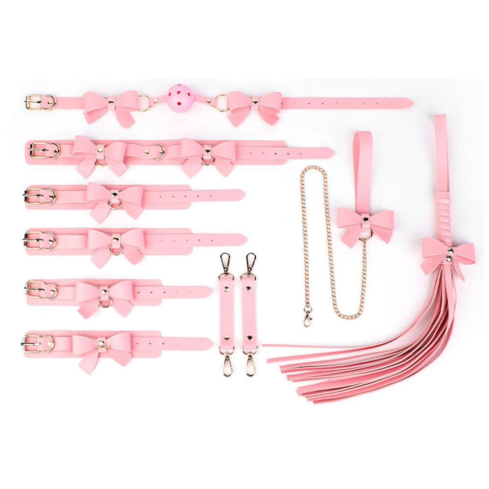 Adult Pink BDSM Beginner 9-Piece Set Leather with Handcuffs Bear Doll Bondage Paddle Sweater