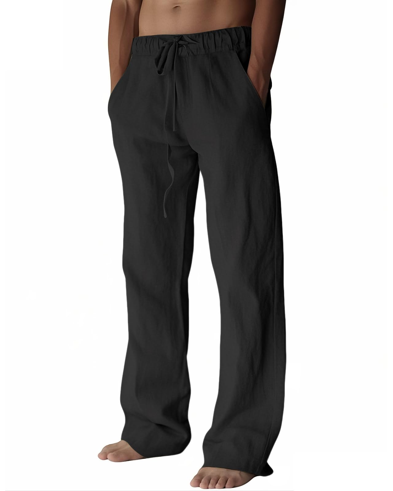 PIDOGYM Mens Cotton Linen Pants, Summer Beach Pants Casual Loose Fit with Elastic Waist Drawstring