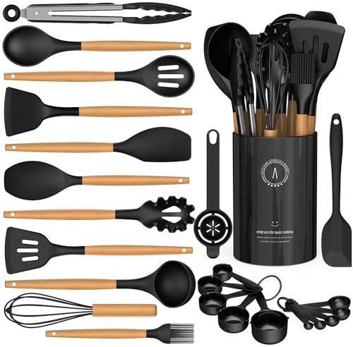 Dishwasher Safe Large Silicone Cooking Utensils Set - Heat Resistant Silicone Kitchen Utensils for Cooking, Spatula Sets, Kitchen Utensil Gadgets for Non-Stick Cookware, BPA FREE (Grey)
