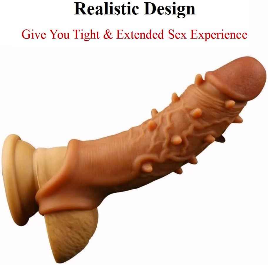 Reusable Penis Enlargement Sleeve Realistic Silicone Cock Sleeve Penis Enlarger with Testicle Penis Ring Sex Toys Delay Ejaculation Enhance Erection Prolong Cock Extender for Adults Men Male Couples